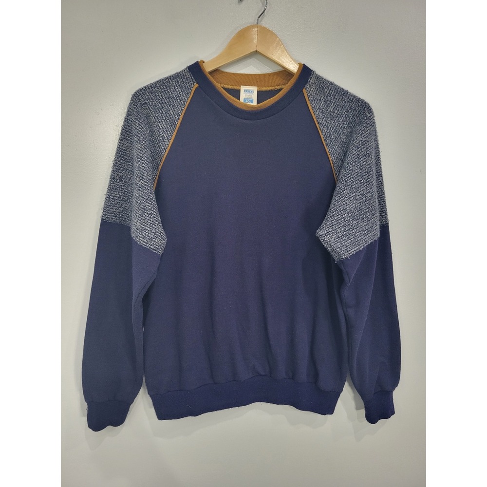 Vintage BHS Navy Blue Raglan Sweatshirt Made in Britain Textured Grey Sleeves 40